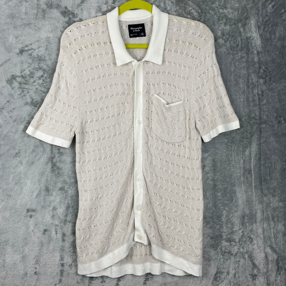 Abercrombie & Fitch Getaway Tonal Swolo Polo Sweater Mens XS Beige Crochet Cardi
